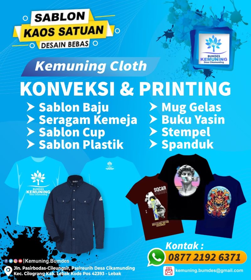 Kemuning Cloth. Jasa konveksi dan printing milik Pemdes Cikamunding. (Istimewa)