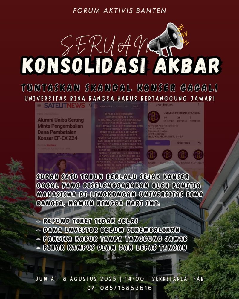 Gabar konsolidasi akbar yang akan berlangsung jumat (6/8/2025), Alumni UNIBA, Rifki sukmawan, foto: (istimewa/Dailyhits).