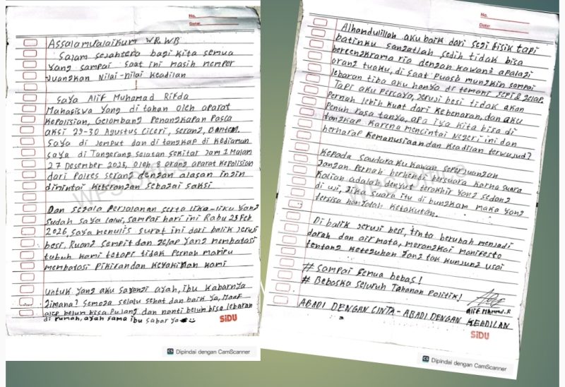 Sepucuk surat dari Alif Muhamad Rifda, Di balik Jeruji Besi (Doc).